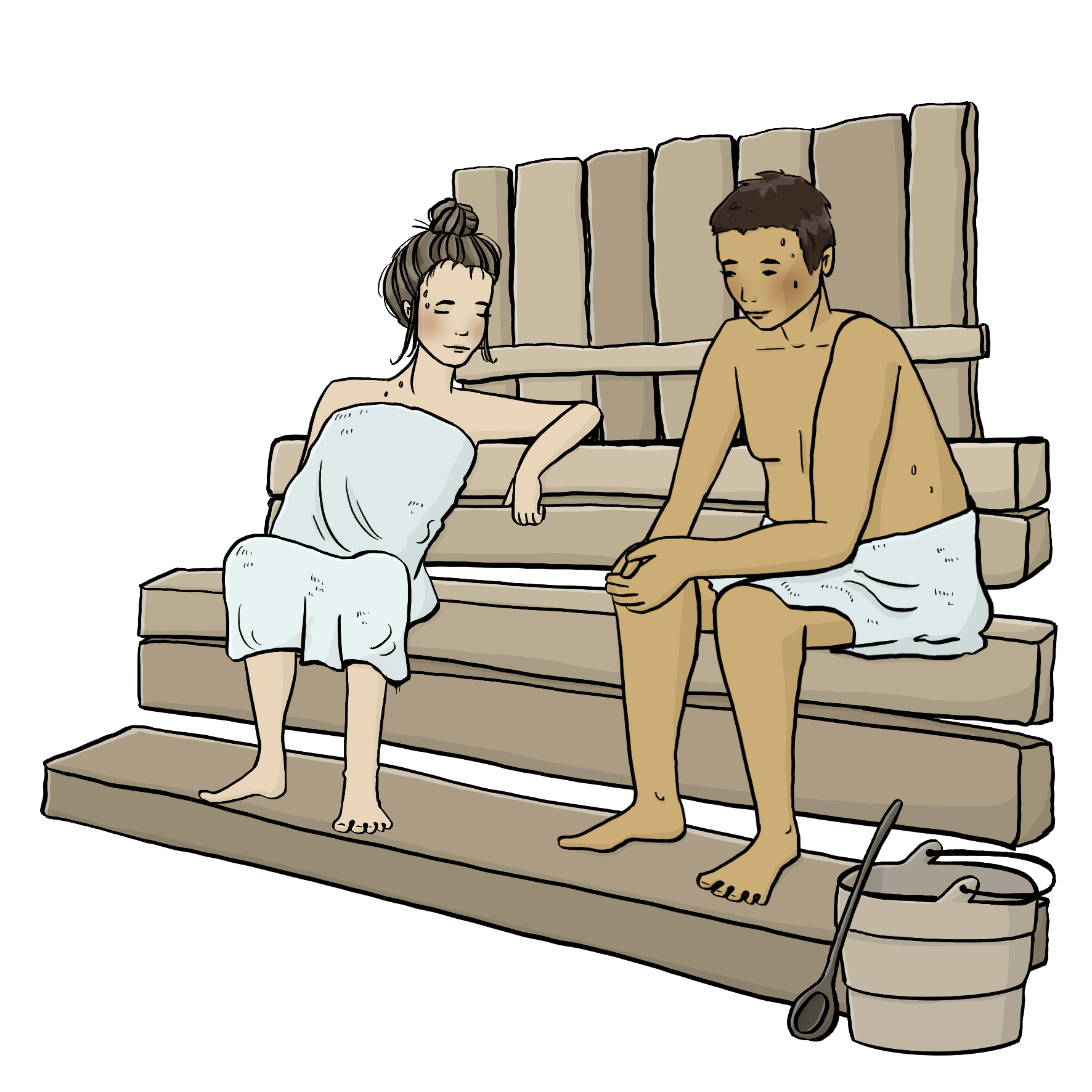 Ein Mann und eine Frau sitzen auf einer Holzbank. Sie sind in Handtücher gewickelt. Neben der Bank steht ein Holzeimer mit Kelle. 