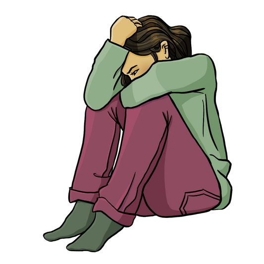 Eine junge Frau sitzt auf dem Boden. Sie hat den Kopf auf die Knie gestützt und einen Arm um den Kopf gelegt.