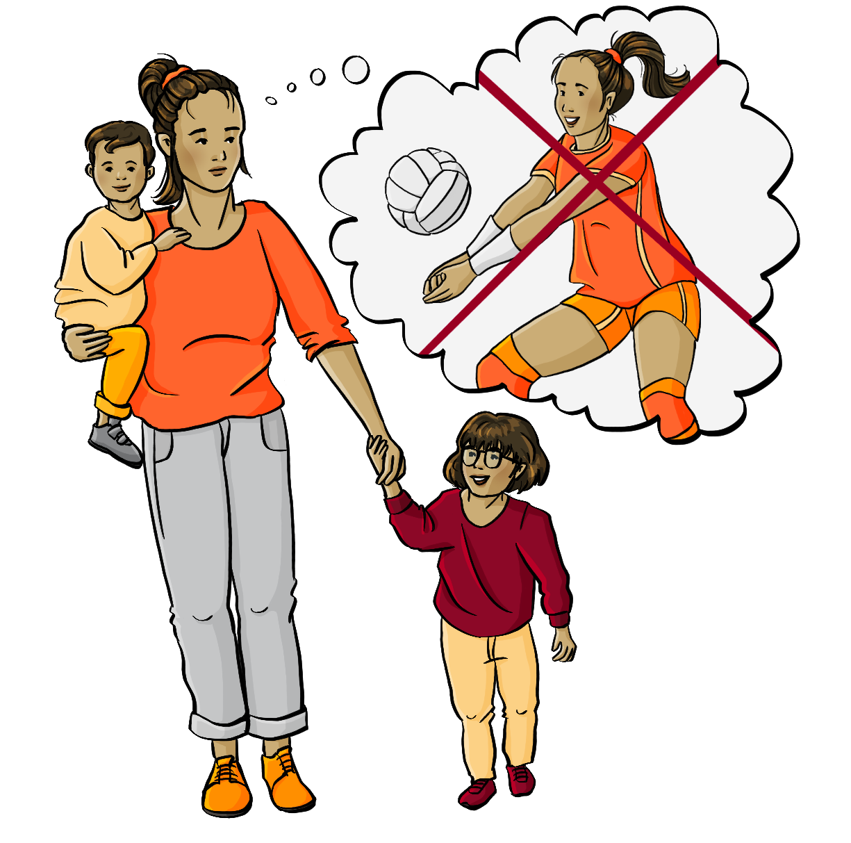 Eine Frau mit einem Kind an der Hand und einem Kind auf dem Arm. In einer Denkblase spielt die selbe Frau Volleyball.