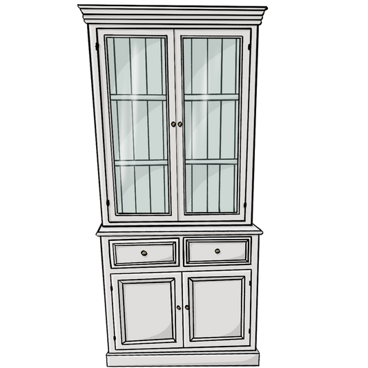 Eine hohe Vitrine mit zwei Türen, zwei Schubladen und einem Aufbau mit zwei Glastüren.