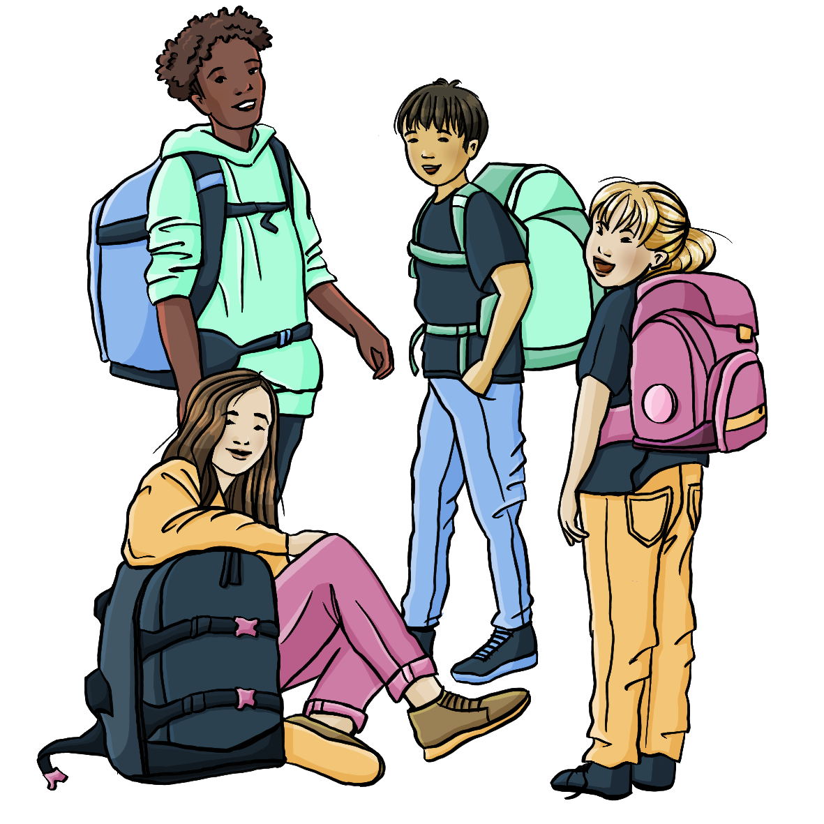 Eine Gruppe Kinder mit Schultaschen.