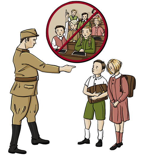 Ein Mann in einer braunen Uniform zeigt auf zwei Kinder mit Tornistern. Zwischen Ihnen ist ein durchgestrichenes Bild von Kindern in einem Klassenraum.