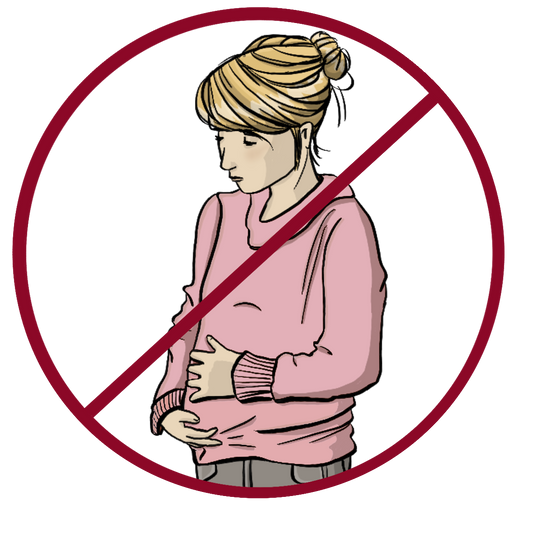 Eine Frau hält die Hand auf den leicht gerundeten Bauch. Das Bild ist durchgestrichen.