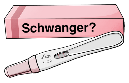 Eine Schachtel mit der Aufschrift: Schwanger? Daneben liegt ein Teststreifen mit zwei roten Linien.