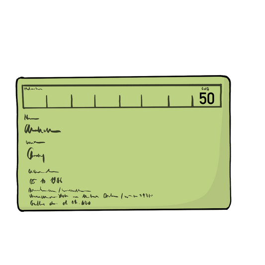Ein grünes Kärtchen. In der rechten oberen Ecke steht die Zahl 50.