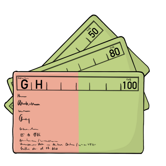 Ein grün-rotes Kärtchen. In der rechten oberen Ecke steht die Zahl 100. Hinter dem Kärtchen sind die Ecken von zwei anderen grünen Kärtchen mit den Zahlen 80 und 50.