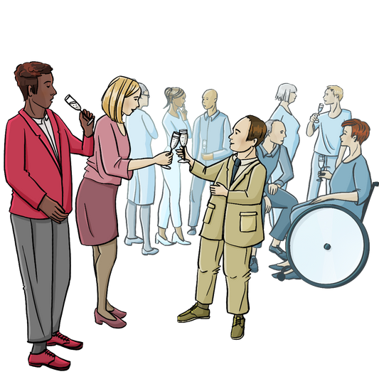 Menschen in förmlicher Kleidung stehen in Gruppen zusammen, einige haben Sektgläser in der Hand. Es sind Menschen mit verschiedenen Hautfarben, mit und ohne Behinderung. Eine Frau und ein kleinwüchsiger Mann stoßen mit ihren Gläsern an.