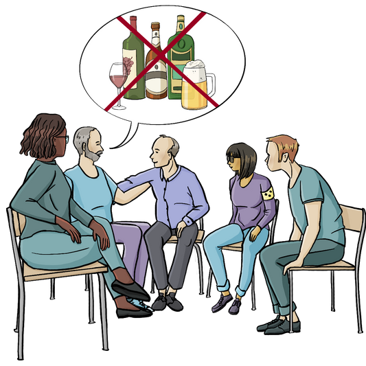 Eine Gruppe Menschen sitzt im Stuhlkreis zusammen. Alle sind einander zugewandt. Ein Mann legt den Arm um einen anderen Mann. Neben dem Mann ist eine Sprechblase mit durchgestrichenen Flaschen.