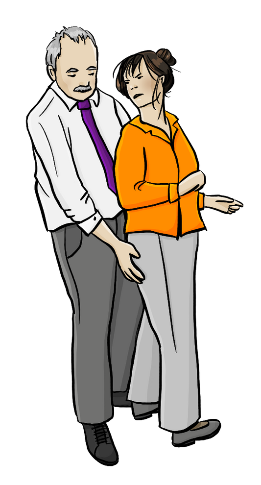 Ein Mann steht dicht hinter einer Frau und fasst ihr an den Hintern. Die Frau dreht den Kopf zu ihm und schaut wütend.