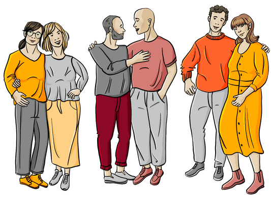 Drei Paare stehen nebeneinander: Das linke Paar sind zwei Frauen, das mittlere Paar sind zwei Männer, das rechte Paar sind ein Mann und eine Frau.