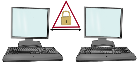 Zwei Computer. Zwischen den Computern ist ein Pfeil. Auf jeder Seite vom Pfeil ist eine Spitze. Über dem Pfeil ist ein Rotes Dreieck mit einem Vorhängeschloss.