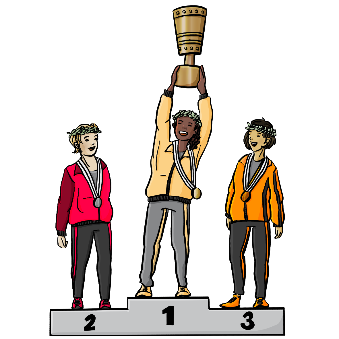 Drei Frauen mit verschiedenen Hautfarben stehen auf einem Siegertreppchen. Sie tragen Trainingsanzüge, Kränze auf dem Kopf und Medaillen um den Hals. Die Frau in der Mitte hält einen Pokal in die Höhe.