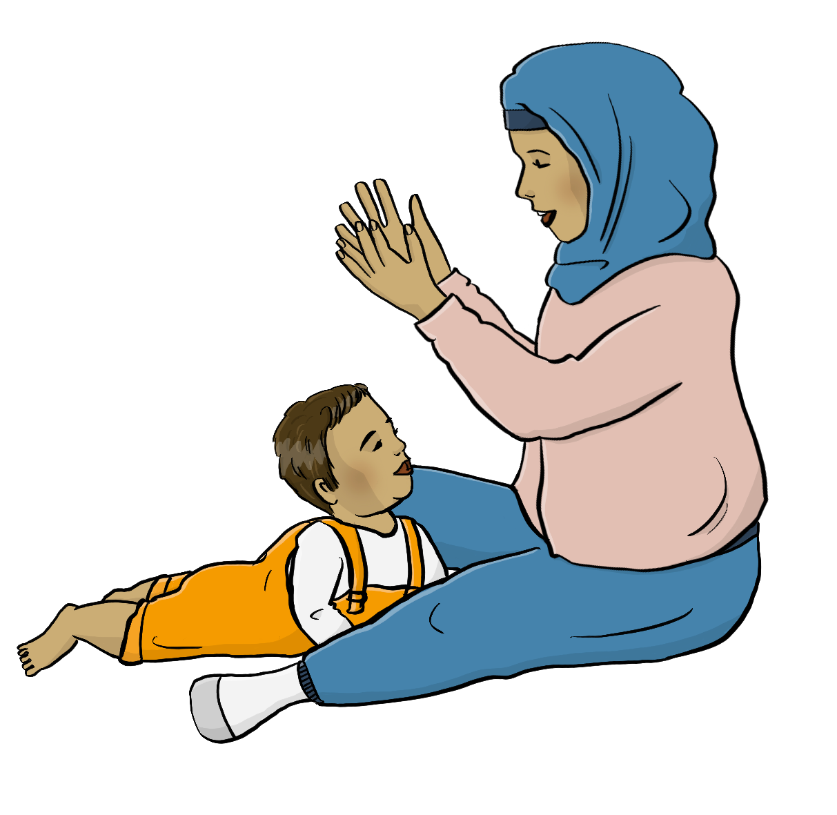 Eine Frau mit Kopftuch sitzt auf dem Boden und klatscht. Vor ihr liegt ein Krabbelkind auf dem Bauch und schaut sie an. 