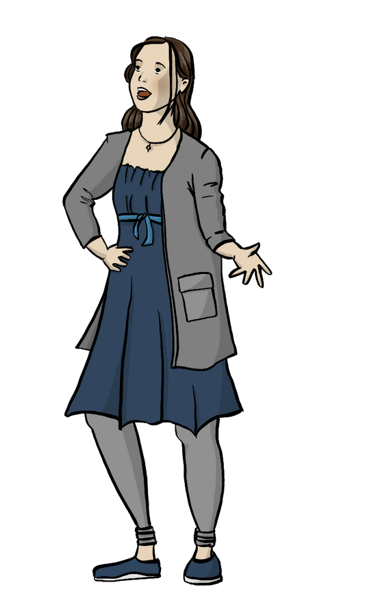 Eine Frau. Sie hat den Mund geöffnet. Eine Hand ist in die Hüfte gestemmt, die andere Hand zur Seite gestreckt.