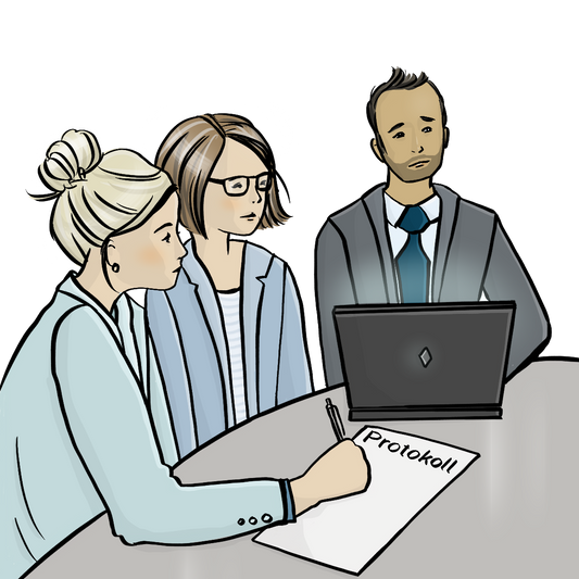 Ein Mann und zwei Frauen in förmlicher Kleidung sitzen an einem Tisch. Auf dem Tisch steht ein Laptop. Eine Frau schreibt mit einem Kugelschreiber auf ein Blatt.