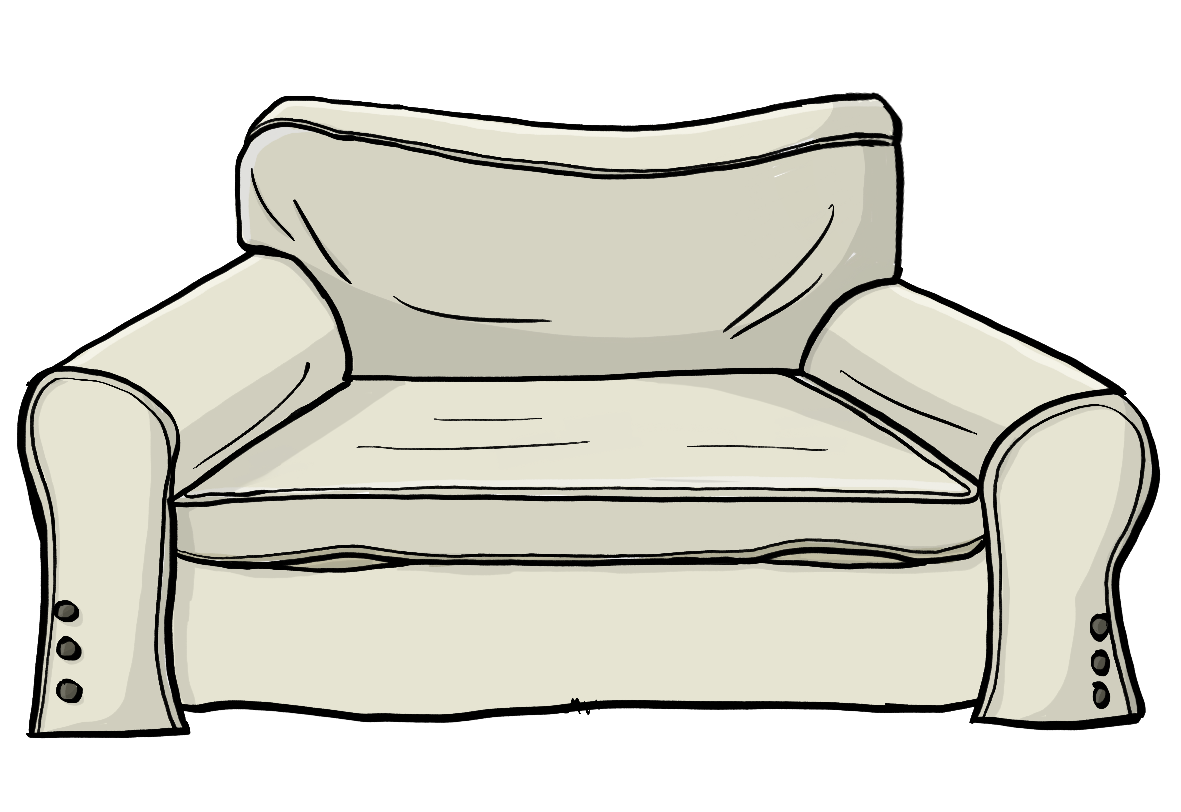 Ein Zweisitzer-Sofa mit hellem Bezug.