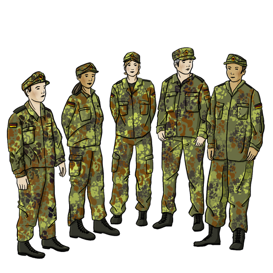 Eine Gruppe Frauen und Männer in Tarnkleidung.