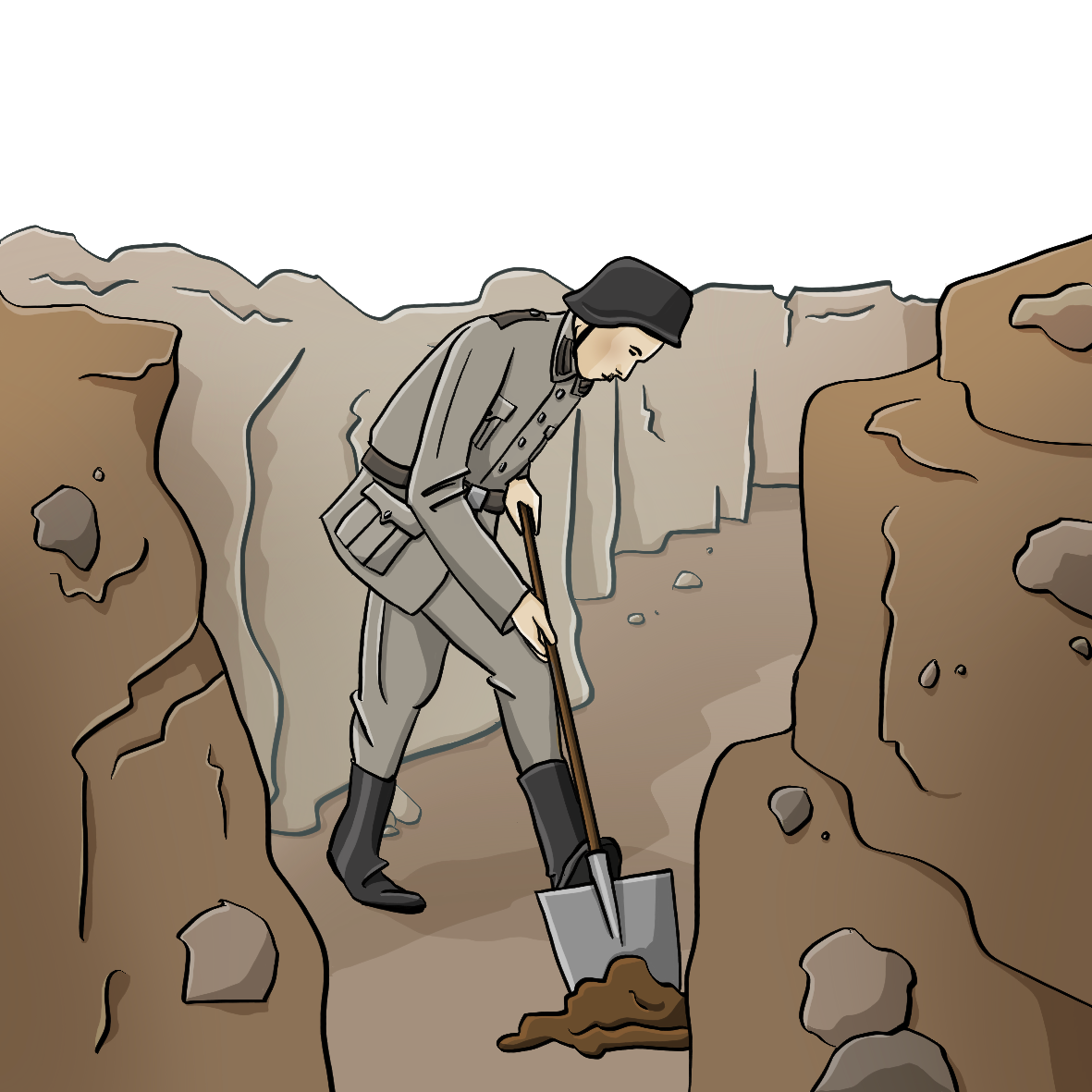 Ein Soldat in Wehrmachtsuniform steht in einem Graben. Er gräbt mit einem Spaten.