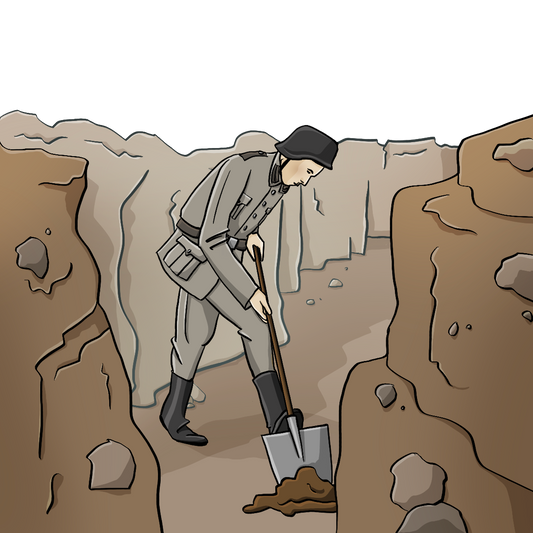Ein Soldat in Wehrmachtsuniform steht in einem Graben. Er gräbt mit einem Spaten.