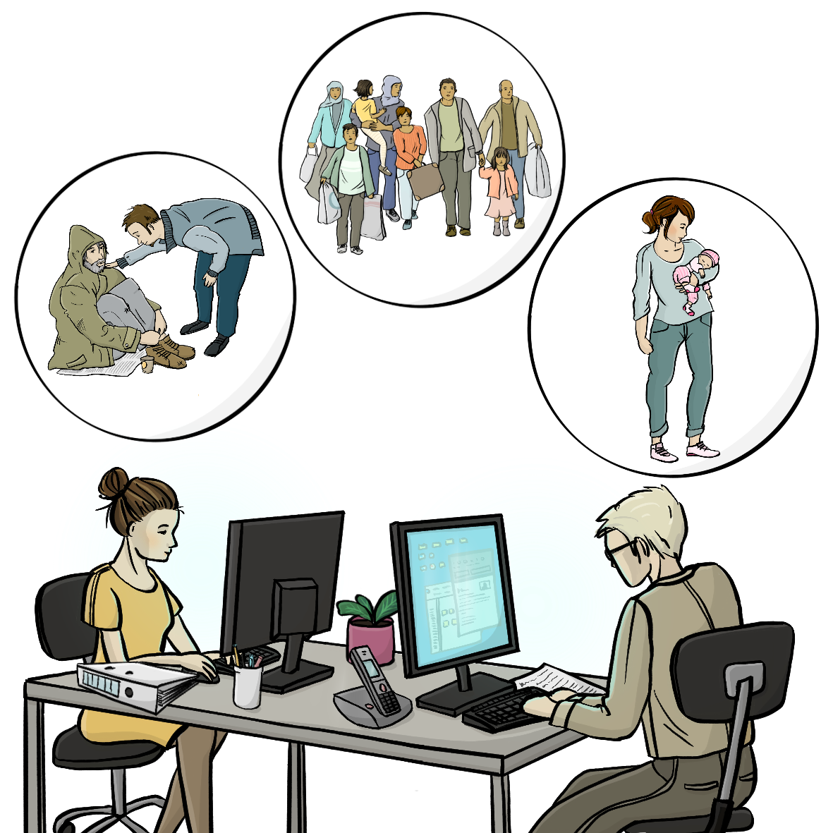 Ein Mann und eine Frau sitzen sich an Schreibtischen gegenüber und arbeiten am Computer. Über dem Bild sind drei Kreise mit Bildern. Im ersten Kreis beugt sich ein Mann zu einem sitzenden Menschen mit ärmlicher Kleidung hinunter. Im zweiten Kreis ist eine Gruppe von Flüchtlingen. Im Dritten Kreis ist eine Frau mit Baby auf dem Arm.