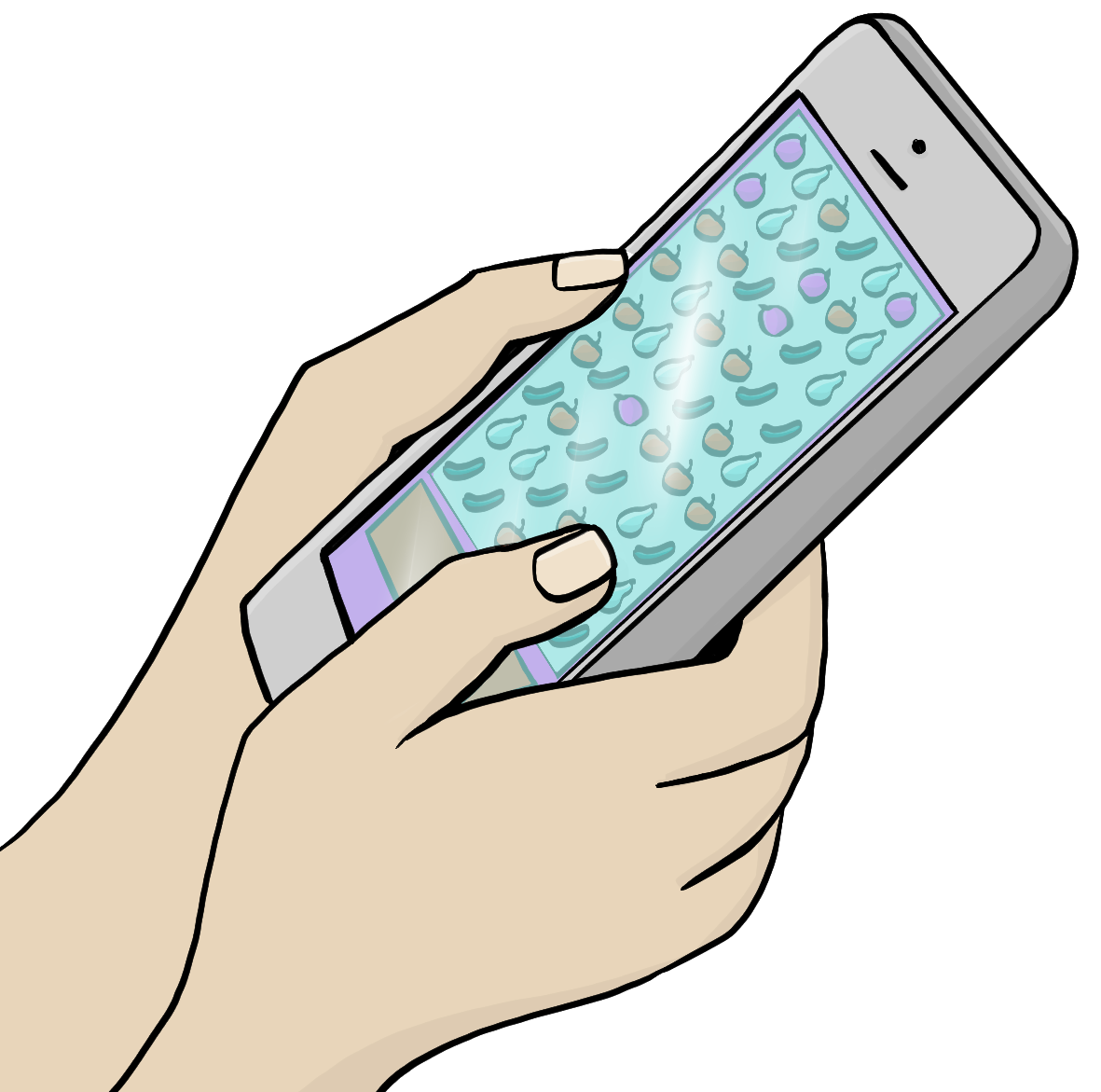 Zwei Hände halten ein Smartphone. Auf dem Bildschirm sind Reihen mit Früchten. 
