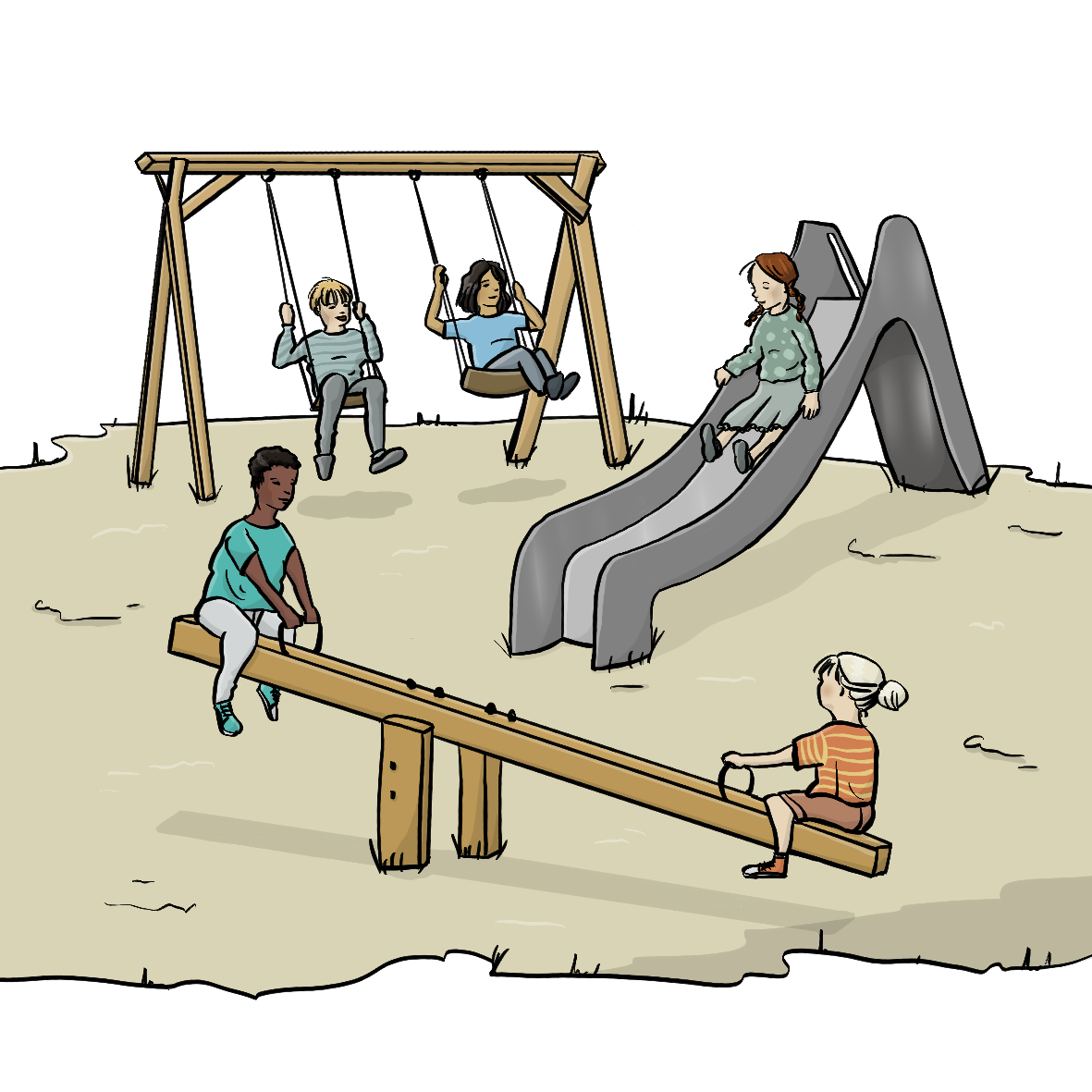 Eine Sandfläche mit Spielgeräten. Zwei Kinder schaukeln auf einer Schaukel, ein Kind rutscht eine Rutsche hinunter und zwei Kinder wippen auf einer Wippe. 
