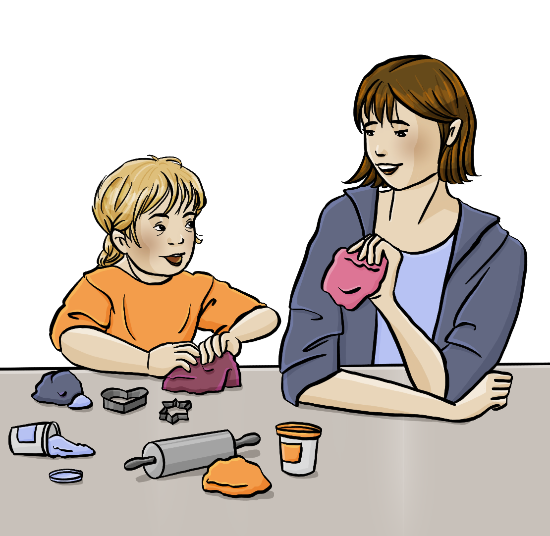 Eine Frau und ein Mädchen sitzen am Tisch und kneten. Auf dem Tisch sind Knetmasse, Becher und Ausstechförmchen. 
