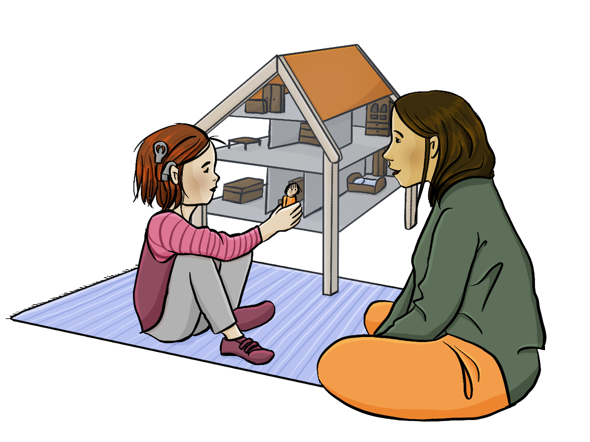 Eine Frau und ein Mädchen sitzen vor einem Puppenhaus. Das Mädchen hält eine kleine Puppe in der Hand. 