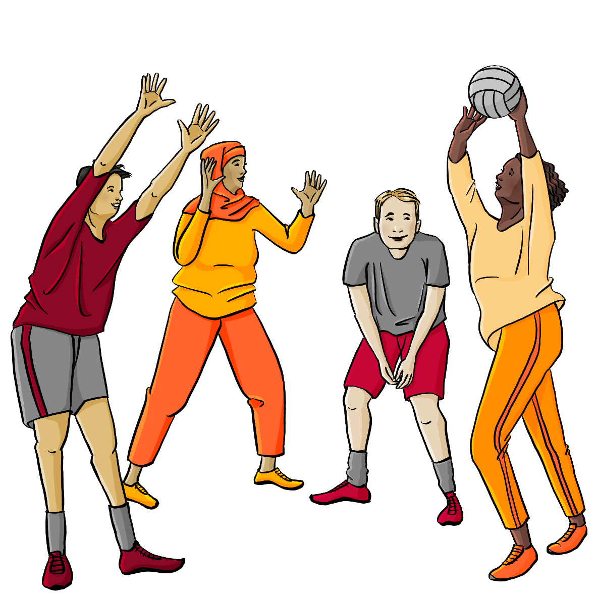 Menschen mit verschiedenen Hautfarben spielen zusammen Volleyball. Sie tragen Sportkleidung.