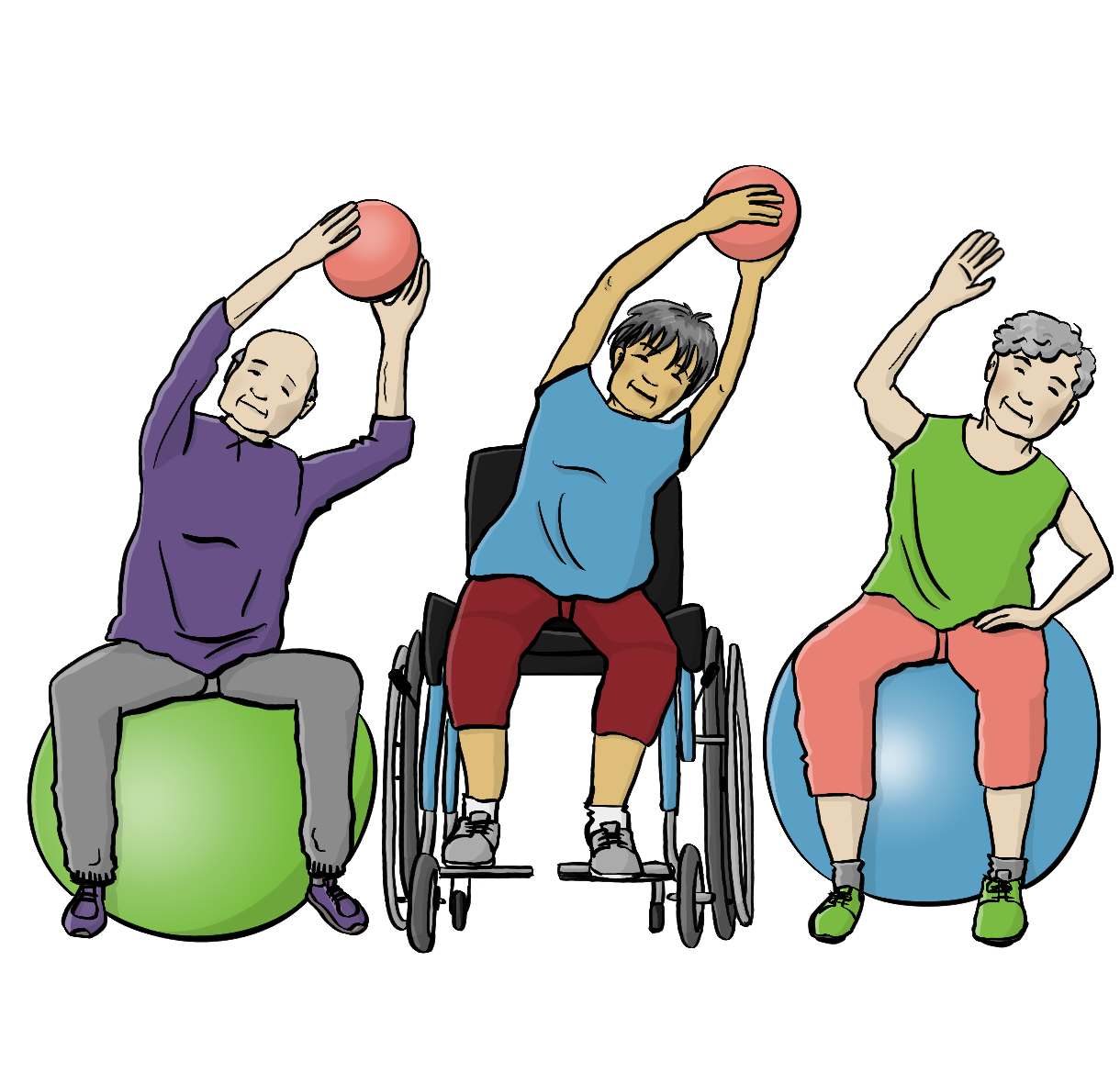 Ein älterer Mann und eine ältere Frau sitzen auf Gymnastikbällen, eine ältere Frau sitzt im Rollstuhl. Zwei von ihnen halten kleine Gymnastikbälle in den Händen. Alle strecken die Arme nach oben und beugen sich zur Seite. 