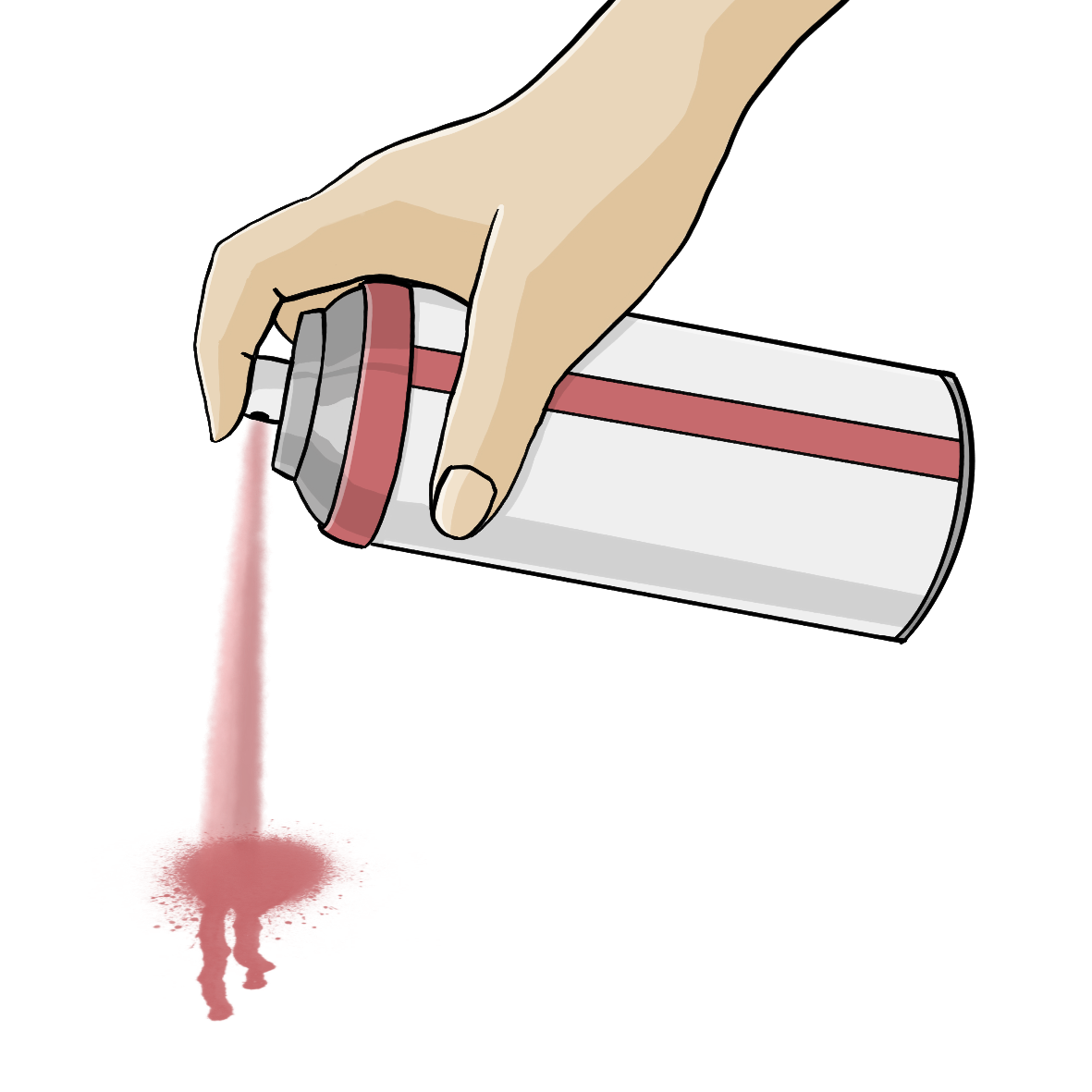 Eine Hand hält eine Spraydose. Aus der Dose kommt ein Strahl roter Farbe.