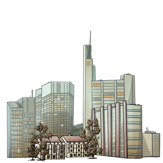 Eine Reihe von Hochhäusern. Im Vordergrund stehen kleinere Häuser und Bäume.