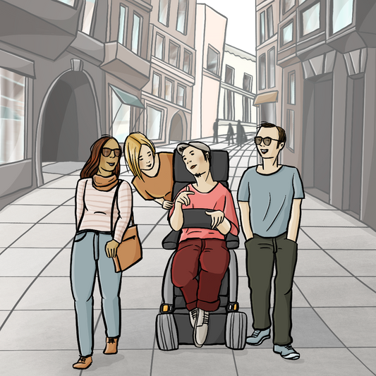 Eine Gruppe junger Leute läuft durch eine Fußgängerzone. Einer von ihnen sitzt in einem Elektrorollstuhl.