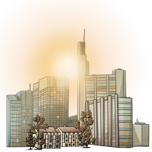 Eine Reihe von Hochhäusern. Im Vordergrund stehen kleinere Häuser und Bäume. Im Hintergrund scheint sehr hell die Sonne.