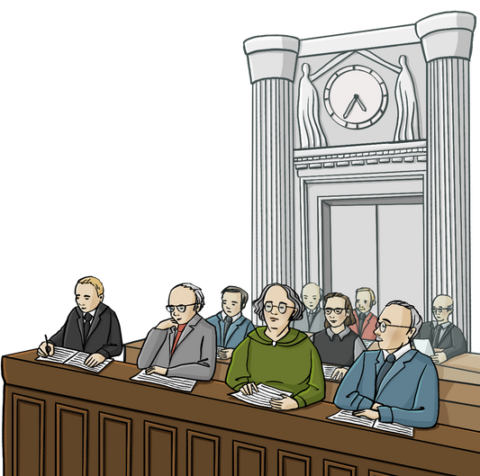 Männer und Frauen sitzen an Tischreihen hintereinander. An der Wand im Hintergrund sind verzierte Säulen und eine große Uhr.