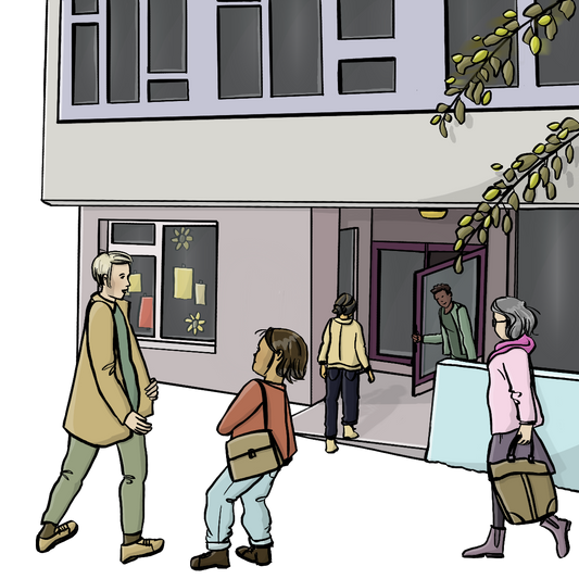 Menschen gehen in ein Gebäude. Es sind Menschen mit verschiedenen Hautfarben, Menschen mit und ohne Behinderung.