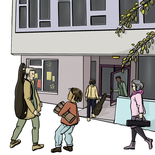 Menschen mit Musikinstrumenten gehen in ein Gebäude.