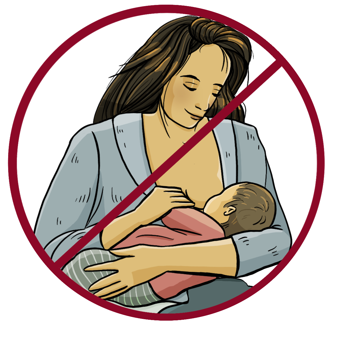 Eine Frau hält ein Baby im Arm. Das Baby trinkt an ihrer Brust. Das Bild ist durchgestrichen. 