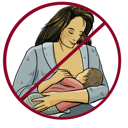 Eine Frau hält ein Baby im Arm. Das Baby trinkt an ihrer Brust. Das Bild ist durchgestrichen. 
