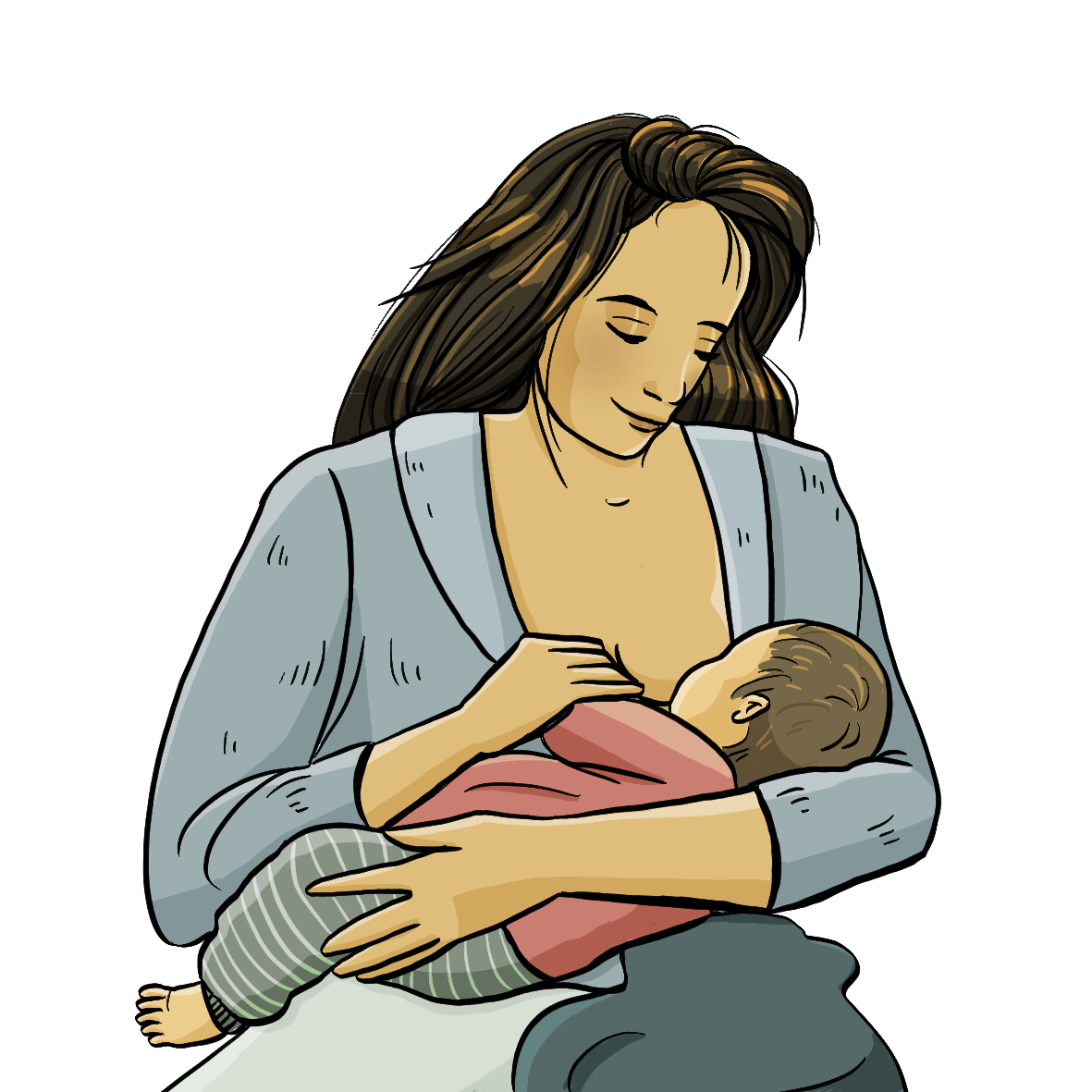Eine Frau hält ein Baby im Arm. Das Baby trinkt an ihrer Brust. 