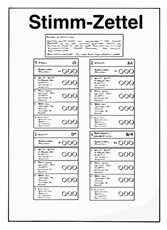 Ein Blatt Papier mit der Aufschrift: Stimmzettel. Darunter sind zwei Spalten mit Schrift und Kreisen zum ankreuzen.