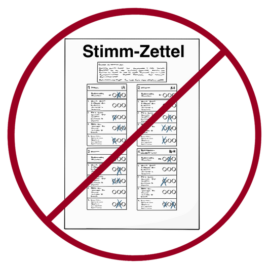 Ein Blatt mit der Aufschrift: Stimmzettel. Auf dem Zettel sind zwei Spalten mit Textkästchen und kreisen. In allen Zeilen sind mehrere Kreise angekreuzt. Das Bild ist durchgestrichen.