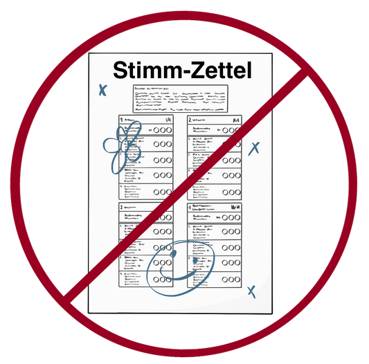 Ein Blatt mit der Aufschrift: Stimmzettel. Auf dem Zettel sind zwei Spalten mit Textkästchen und kreisen. Auf den Zettel sind Blumen und ein Gesicht gemalt. Die Kreuzchen sind nicht in den Kreisen. Das Bild ist durchgestrichen.
