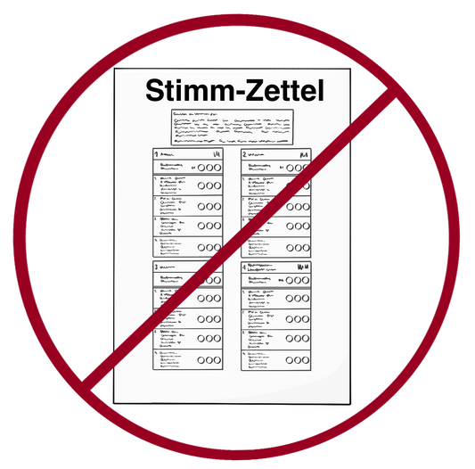 Ein Blatt mit der Aufschrift: Stimmzettel. Auf dem Zettel sind zwei Spalten mit Textkästchen und kreisen. Auf dem Zettel ist nichts angekreuzt. Das Bild ist durchgestrichen.