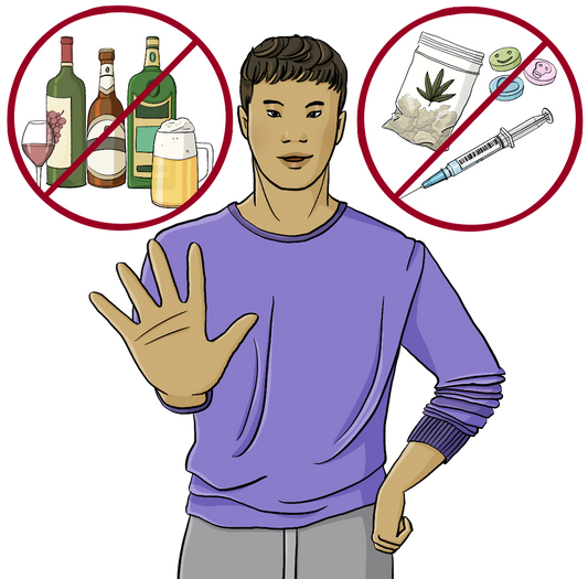 Ein Mann streckt abwehrend die Hand nach vorne. Neben ihm sind zwei durchgestrichene Kreise. In dem einen Kreis sind Flaschen mit Alkohol. In dem anderen Kreis sind Drogen. 