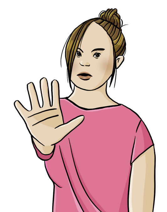 Eine Frau mit Downsyndrom hält die Hand mit der Handfläche nach vorn vor den Körper gestreckt. 