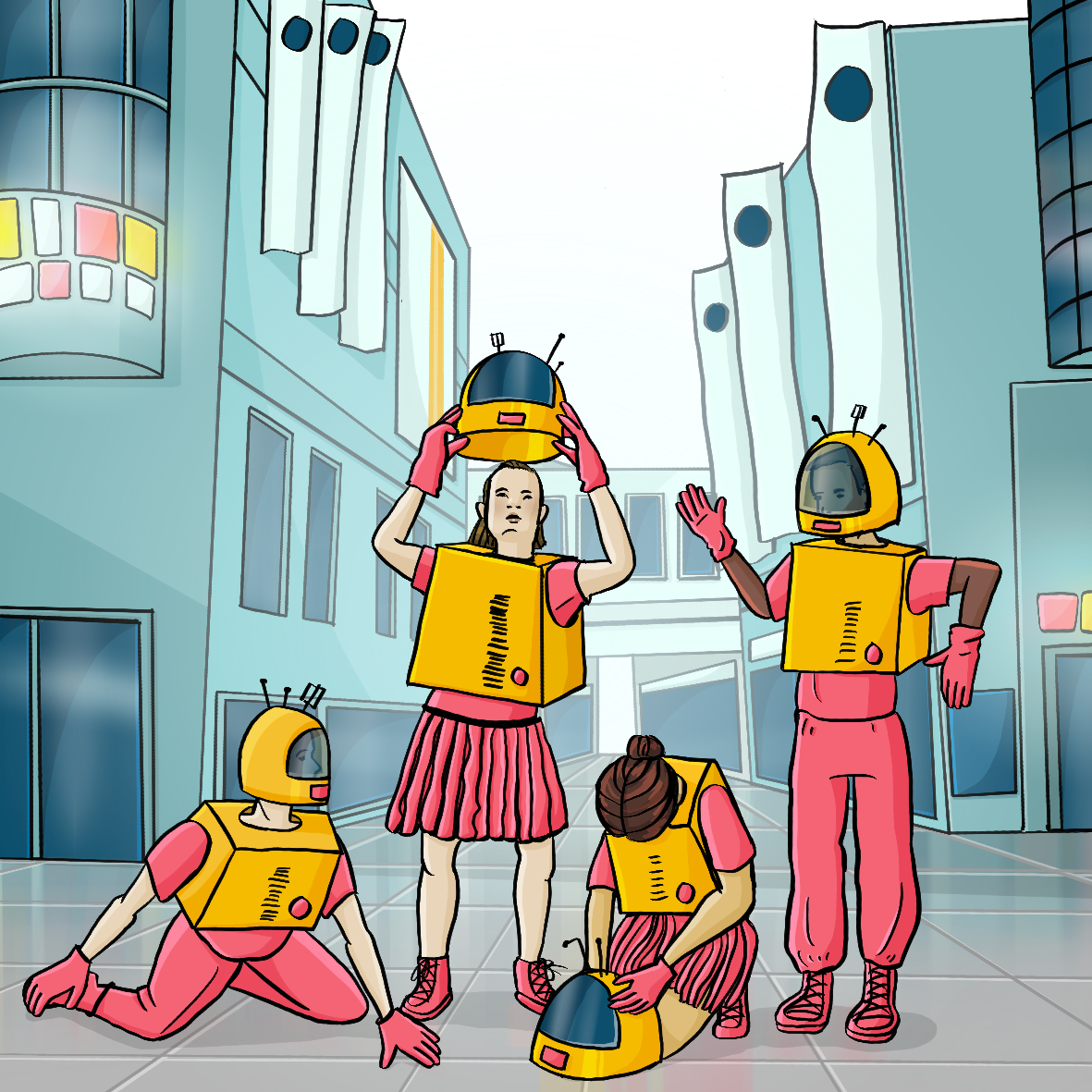 Vier Personen in Roboterkostümen. Zwei Personen stehen, zwei knien auf dem Boden. Im Hintergrund ist eine Einkaufspassage.