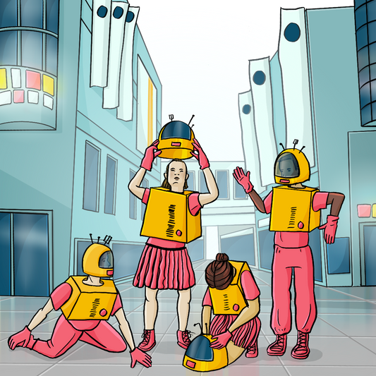 Vier Personen in Roboterkostümen. Zwei Personen stehen, zwei knien auf dem Boden. Im Hintergrund ist eine Einkaufspassage.