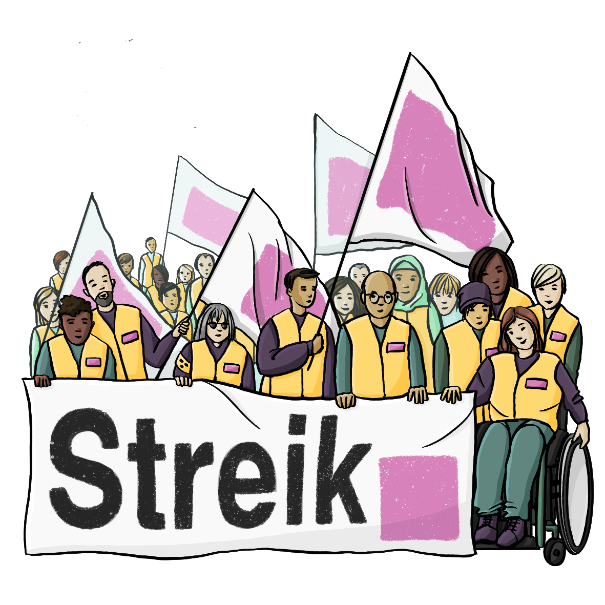 Eine Menschenmenge mit Fahnen. Alle tragen gelbe Westen. Die vordere Reihe hält ein großes Banner mit der Aufschrift: Streik. 