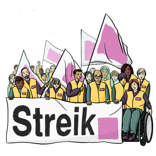 Eine Menschenmenge mit Fahnen. Alle tragen gelbe Westen. Die vordere Reihe hält ein großes Banner mit der Aufschrift: Streik.